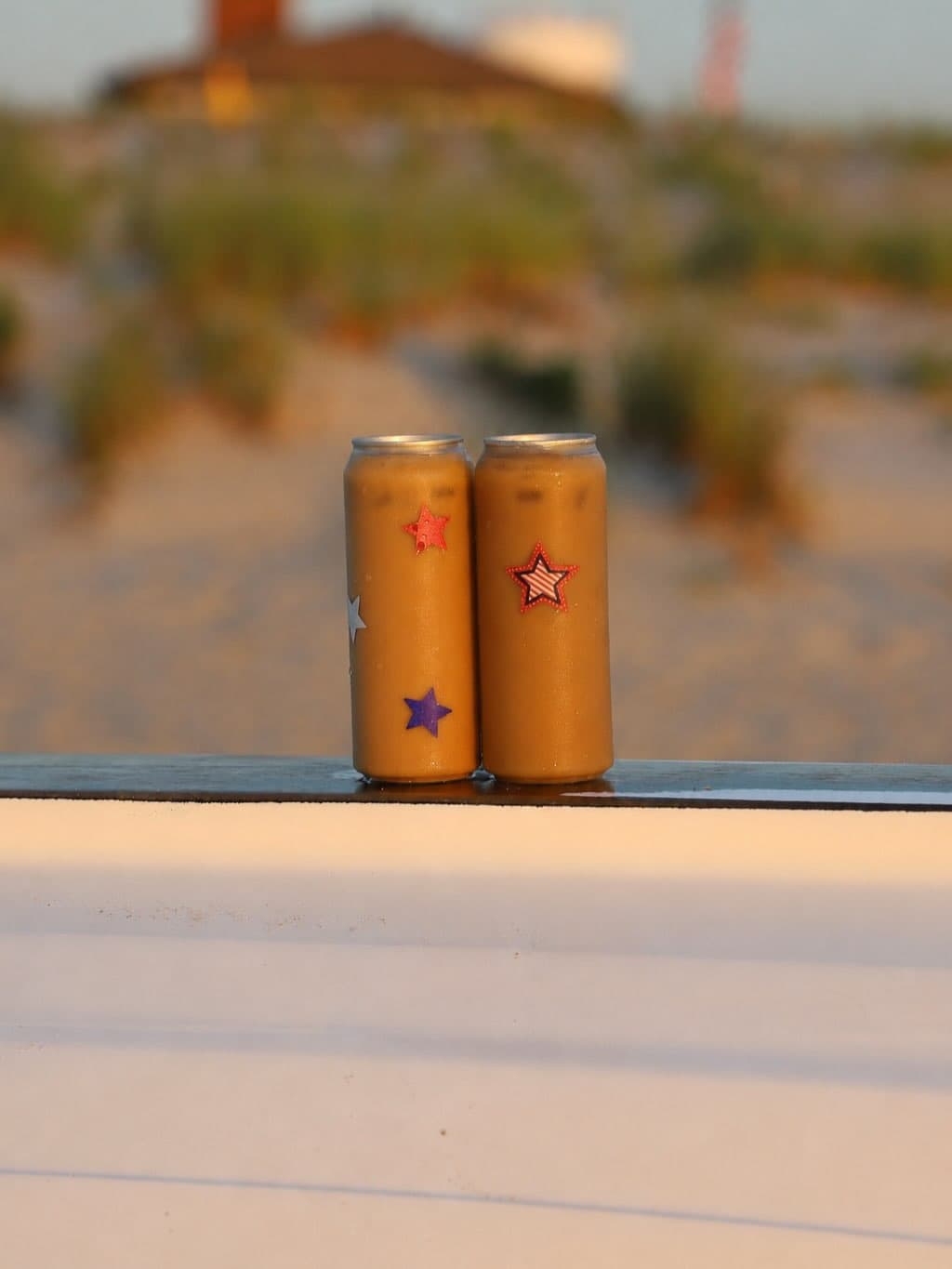 La Costa cans lined up on the sand at sunset