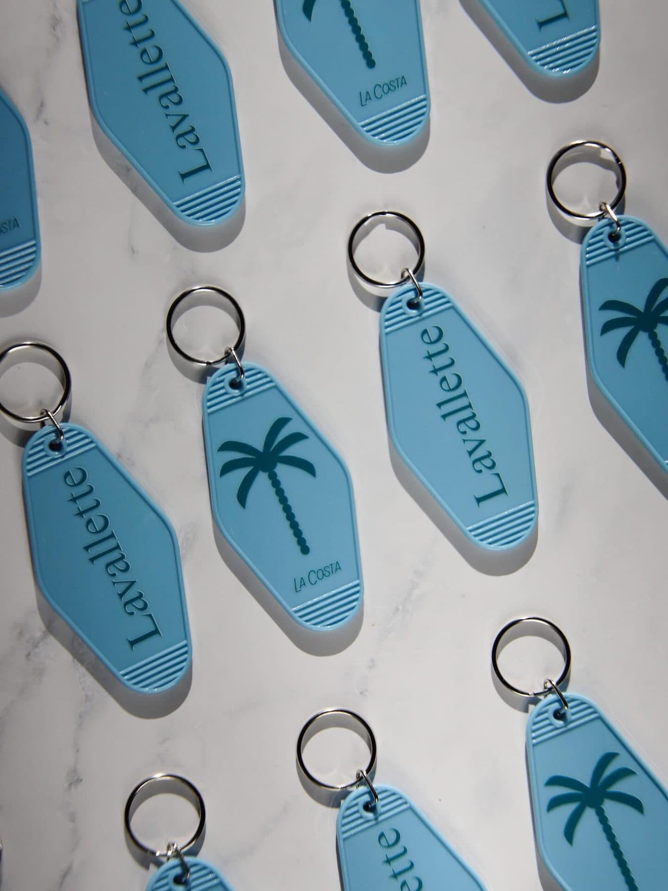 Sky-blue Lavallette motel keychains with the La Costa palm