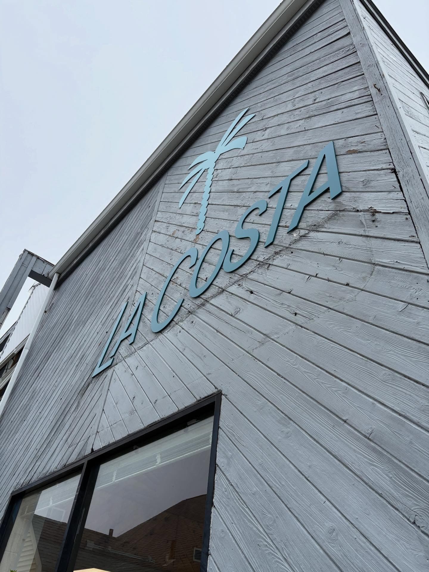 Looking up at the corner of the La Costa A-frame, the palm and wordmark cut out of the grey cedar gable against a pale sky