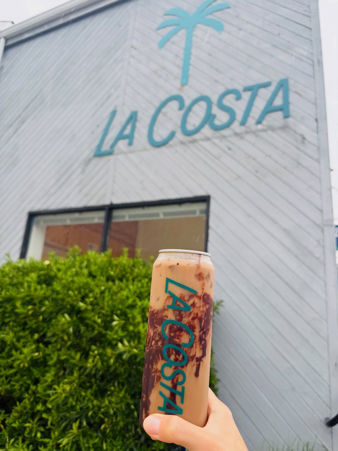 A canned iced mocha held up against the shop's gable, palm and wordmark overhead